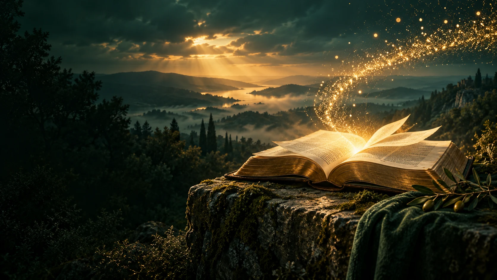 An open Bible with a golden trail of light above a peaceful landscape