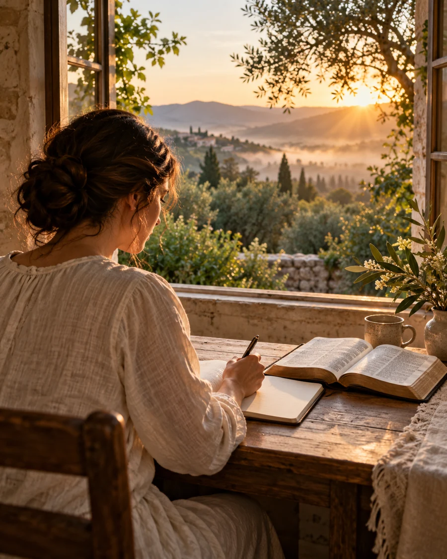 A woman reflecting with a journal and an open Bible beside a sunlit garden window